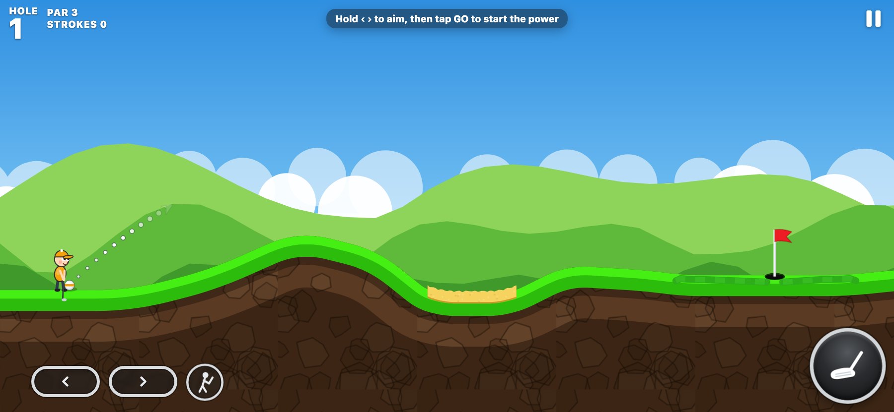Giggle Hill: a gentle first hole with a sand trap before the green